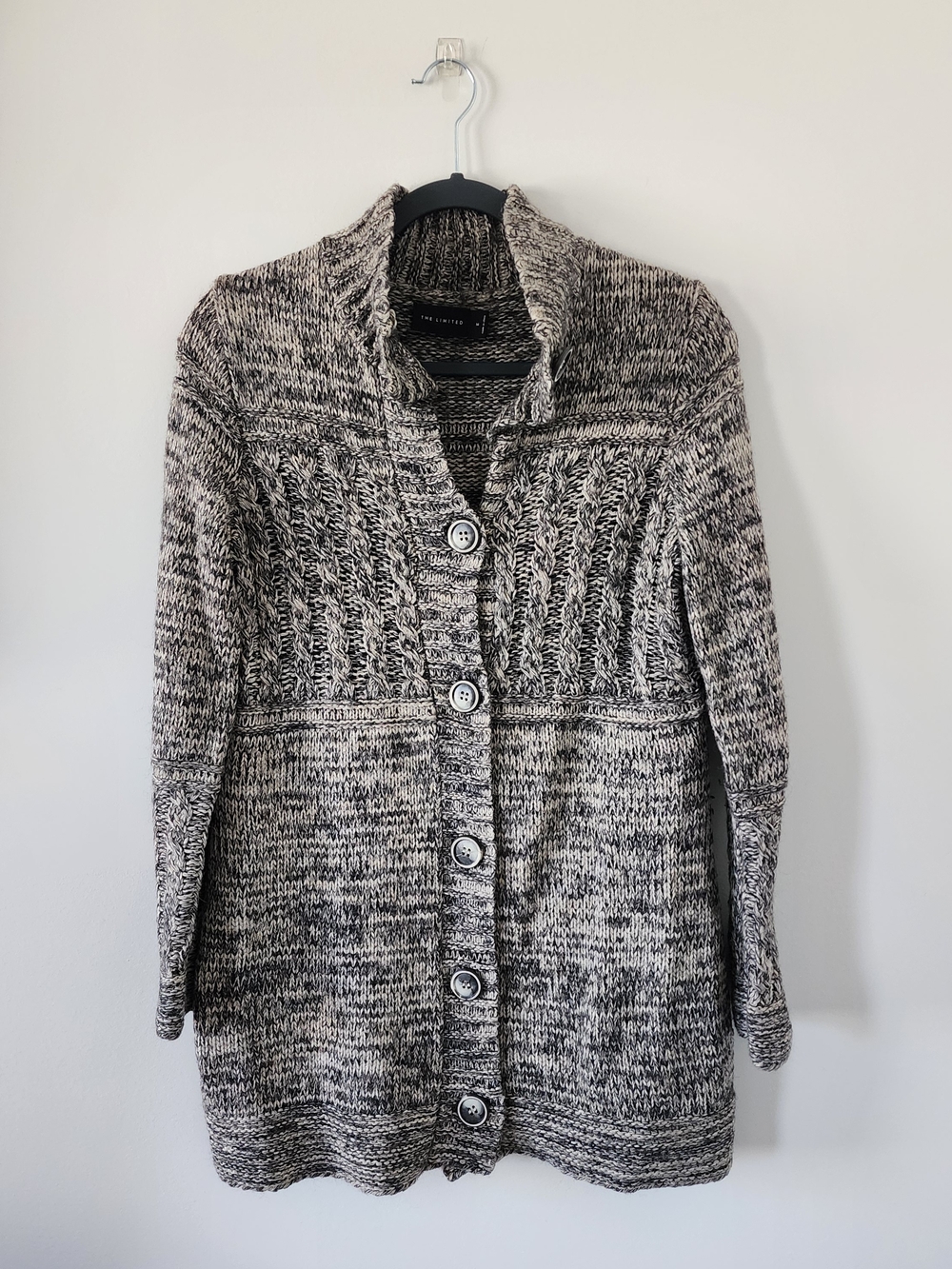 The Limited Wool Alpaca Blend Long Cable Knit Cardigan Coat Medium Gray Marled